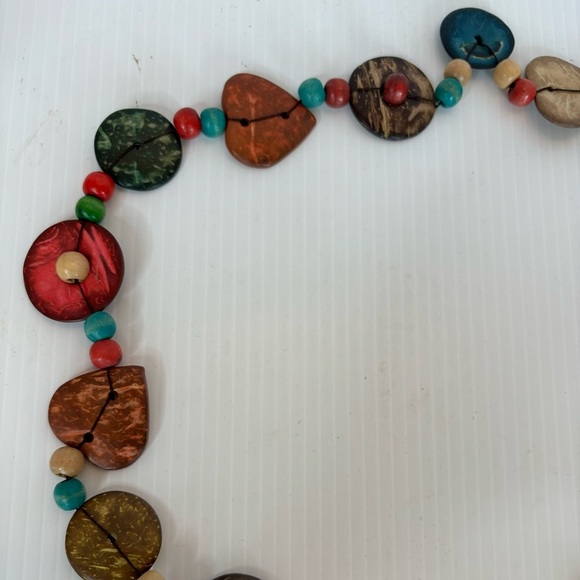 Colored wood bead necklace Tagua Nut Hearts circles Long No Clasp 18” Long - Picture 3 of 5